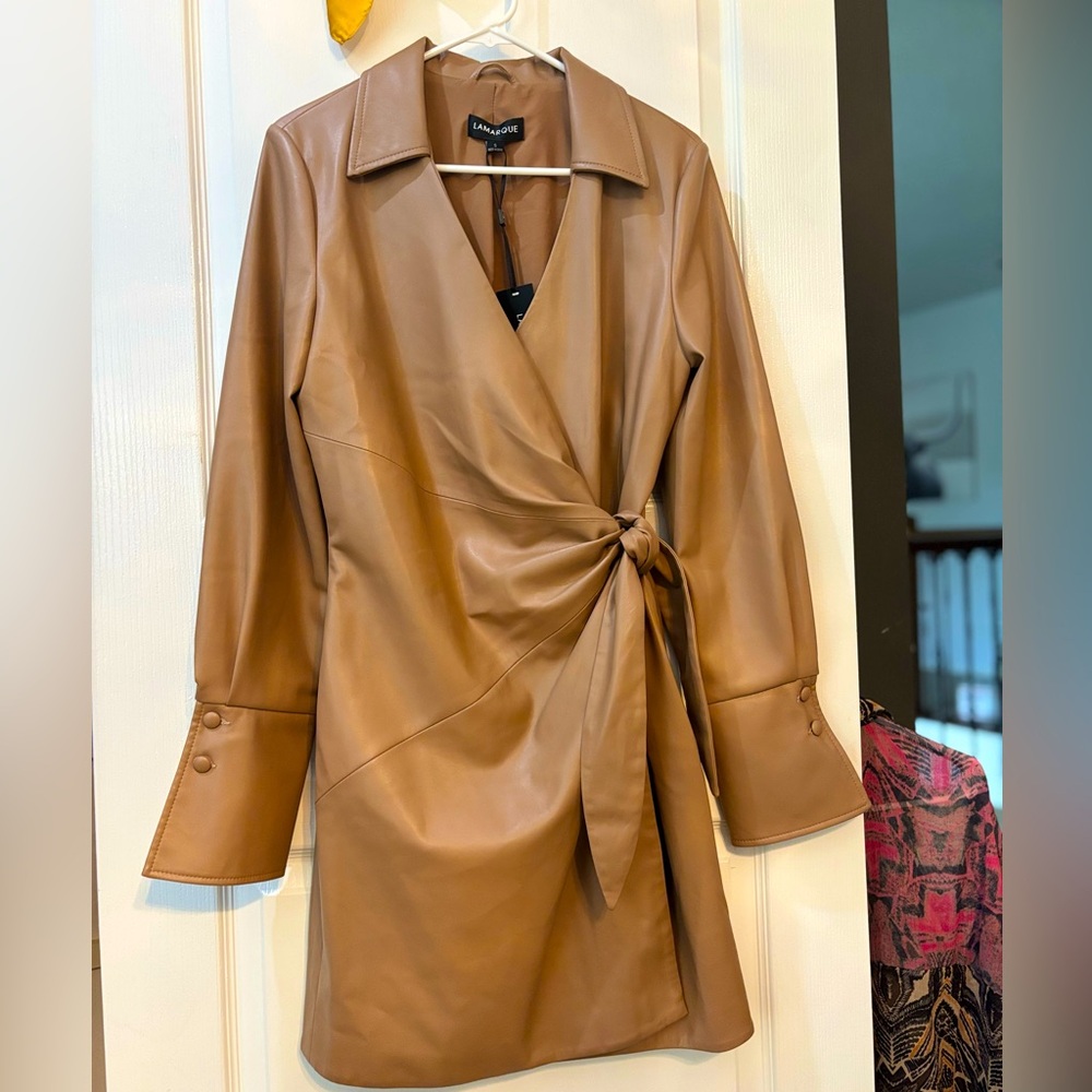 Lamarque Brunelle Faux Leather Wrap Dress size Small in Mocha NWT $325